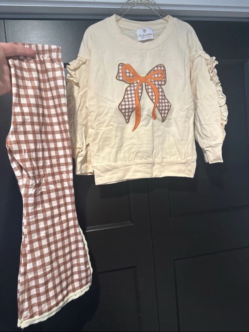 Cream Ruffle-Sleeve Top with Brown Gingham Bow - Kids